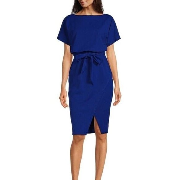 Kensie Textured Knit Boat Neck Self-Tie Waist Faux Wrap Blouson Dress size 0 - Picture 1 of 12
